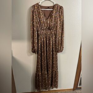 Mittoshop Brown Floral Long Sleeve Maxi Dress